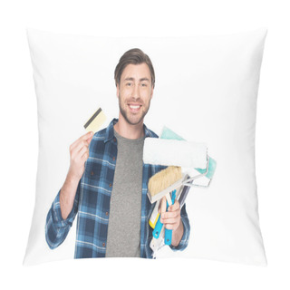 Personality  Smiling Man With Credit Card Holding Paint Rollers And Paint Brush Isolated On White Background  Pillow Covers