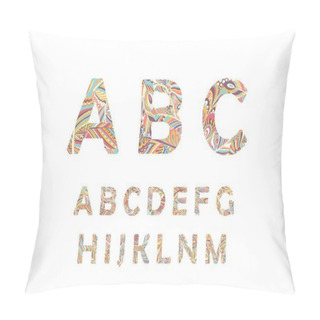 Personality  Ethnic Bright Vector Alphabet, Paisley Ornaments. Hipster Graphic Font. Floral And Feathers Simple Stylized ABC Design. Hand Drawn Vector Illustration Pillow Covers