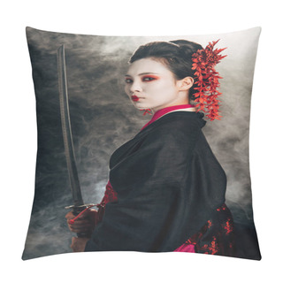 Personality  Side View Of Beautiful Geisha In Black Kimono Holding Katana In Smoke On Black Background Pillow Covers
