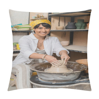 Personality  Cheerful Young Asian Female Artist In Headscarf Shaping Wet Clay While Working On Pottery Wheel And Looking At Camera In Ceramic Workshop, Pottery Studio Workspace And Craft Concept Pillow Covers