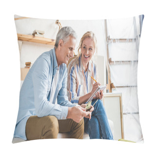 Personality  Happy Elderly Couple Counting Money And Taking Notes During Relocation Pillow Covers