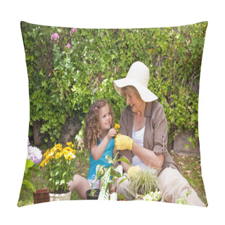 Personality Happy Grandmother With Her Granddaughter Working In The Garden Pillow Covers
