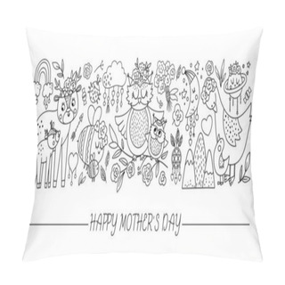 Personality  Vector Black And White Horizontal Set With Mothers Day Characters And Elements. Card Template Design With Cute Forest Baby Animals Showing Family Love. Funny Line Boho Style Holiday Border Pillow Covers