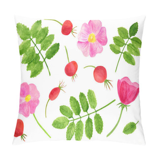 Personality  Watercolor Leaves, Flowers And Rose Hip Berries Set. Hand Drawn Floral Illustration Isolated On White Background For Decoration, Design, Scrapbookong, Print, Cards. Pillow Covers