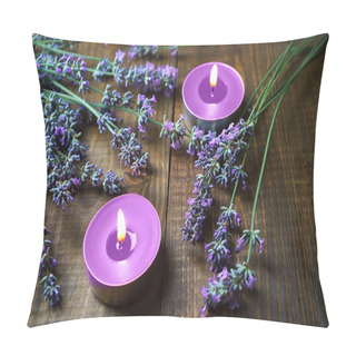 Personality  Spa Massage Setting With Lavender Flowers, Scented Candles On Wo Pillow Covers