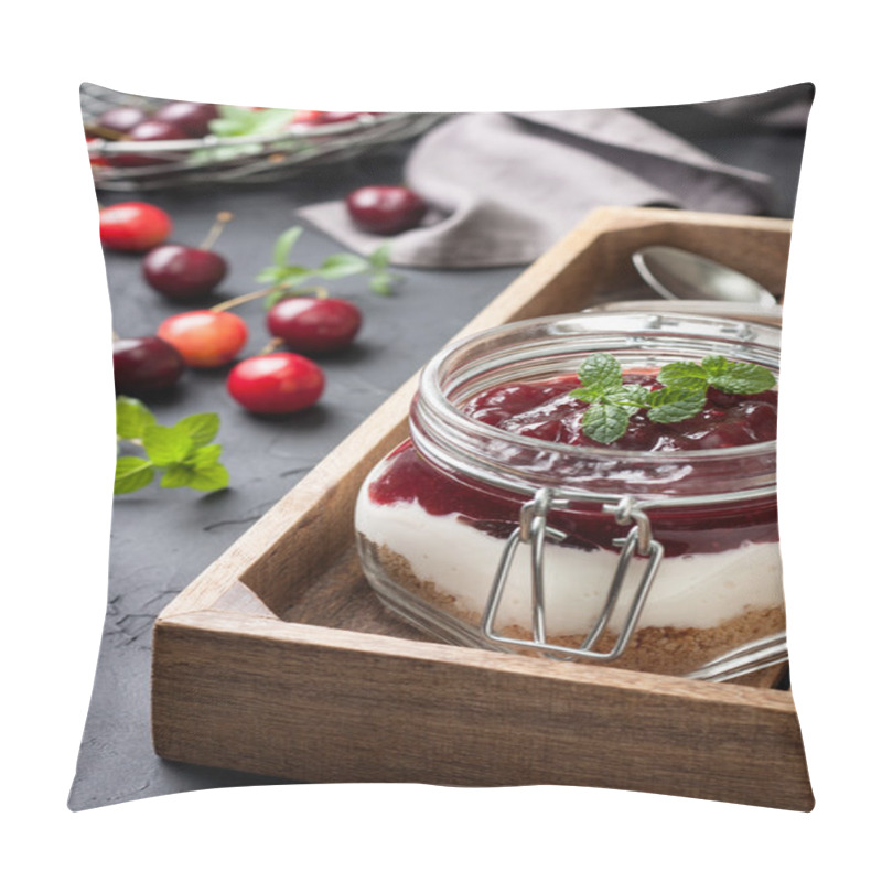 Personality  cheesecake in a glass jar with cherries pillow covers