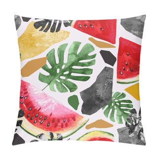Personality  Tropical Watercolor Leaves, Juicy Watermelon, Turned Edge Geometric Shapes Seamless Pattern Pillow Covers