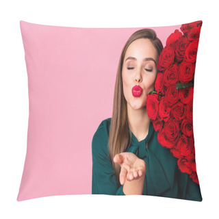 Personality  Closeup Photo Of Pretty Charming Lady Enjoy Large One Hundred Roses Bouquet Standing Side Sending Kisses Empty Space Wear Green Blouse Isolated Pastel Pink Color Background Pillow Covers