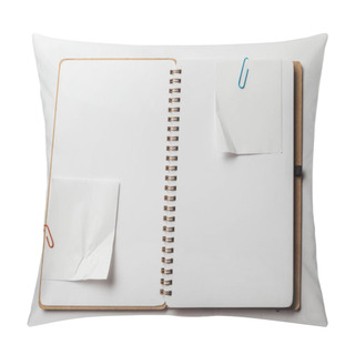 Personality  Top View Of Notebook With Sticky Notes And Paper Clips On White Background Pillow Covers