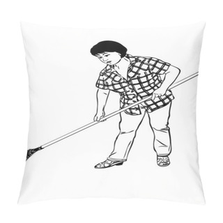 Personality  Sketch Of Woman Of Farmer With Rakes In Hands Pillow Covers