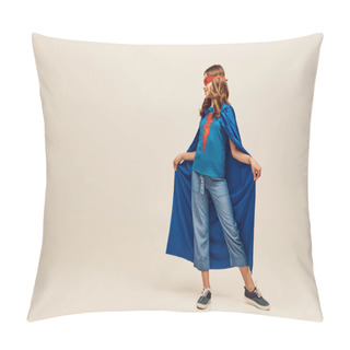 Personality  Happy Girl In Superhero Costume And Red Mask On Face Holding Blue Cloak, Standing In Denim Jeans And T-shirt On Grey Background, International Day For Protection Of Children Concept  Pillow Covers