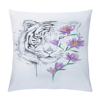 Personality  Sketch Of A Tigers Head In Flowers On A White Background. Pillow Covers