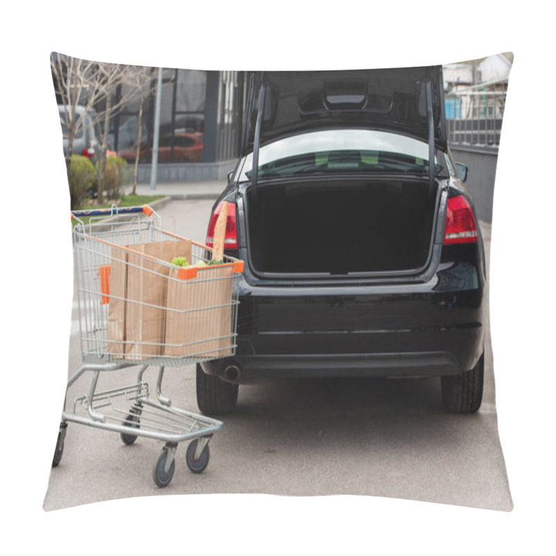 Personality  Shopping Cart With Fresh Grocery Near Black Car With Open Trunk Pillow Covers