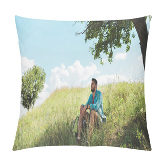 Personality  Handsome Traveler With Backpack Sitting On Green Summer Meadow Pillow Covers