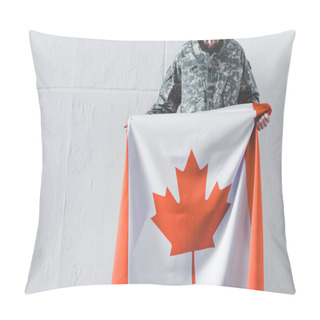 Personality  Man In Military Uniform Holding Canada National Flag While Standing Near White Wall With Bowed Head Pillow Covers