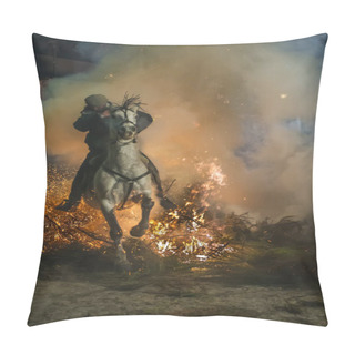 Personality  A Man Riding His Horse Jumping Throug The Fire Pillow Covers