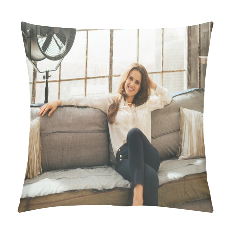 Personality  Relaxed young woman sitting on couch in loft apartment pillow covers