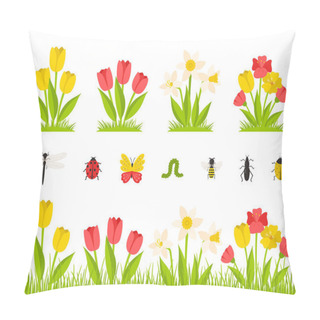 Personality  Garden Spring Flowers. A Bush Of Tulips, Daffodils, Poppies. Flowers In The Grass, Meadow. Collection Of Insects. Botanical Design Elements In A Cartoon Flat Style, Isolated On A White Background Pillow Covers
