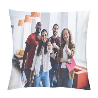Personality  Successful Young Students Showing Thumbs Up Pillow Covers