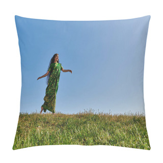 Personality  Vibrant Summer, Joyful Indian Woman In Ethnic Clothes Running In Green Field Under Blue Sky Pillow Covers