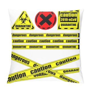Personality  Yellow With Black Police Line. Tape With The Words Quarantine, Danger, And Other. Danger Signs. Pillow Covers