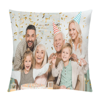Personality  Happy Family Sitting Under Falling Confetti Near Birthday Cake And Smiling At Camera Pillow Covers