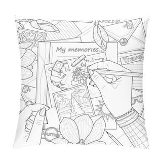Personality  Flat Lay Travels.Desktop With Album, Flowers And Photos.Coloring Book Antistress For Children And Adults. Illustration Isolated On White Background.Zen-tangle Style.Hand Draw Pillow Covers