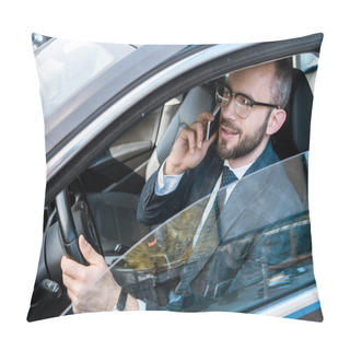 Personality  Handsome Businessman In Glasses Holding Steering Wheel And Talking On Smartphone  Pillow Covers