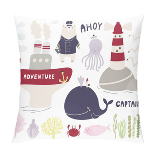 Personality  Sea Set With Cute Funny Animals And Ship With Lighthouse, Hand Drawn Vector Illustration, Scandinavian Style Design, Concept Kids  Pillow Covers