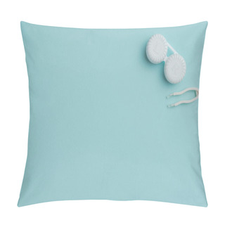 Personality  Top View Of White Contact Lenses Container And Tweezers On Blue Background Pillow Covers
