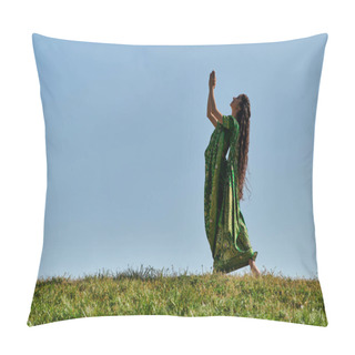 Personality  Summer Joy, Indian Woman In Authentic Clothes, With Praying Hands On Green Lawn Under Blue Sky Pillow Covers