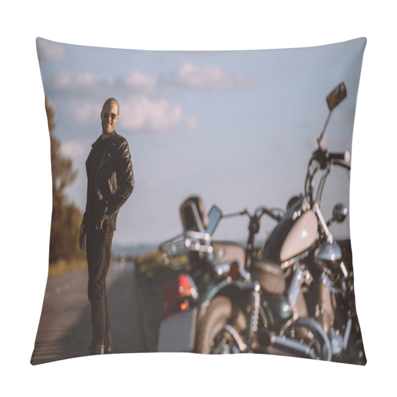 Personality  Smiling Man Standing On Road With Classical Motorcycle, Selective Focus Pillow Covers