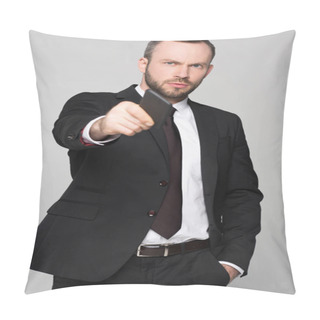 Personality  Young Businessman Holding Out Smartphone Pillow Covers