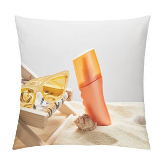 Personality Orange Sunscreen In Sand Near Seashells, Yellow Sunglasses And Deck Chair On Grey Background Pillow Covers
