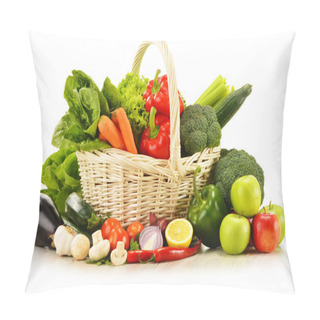 Personality  Raw Vegetables In Wicker Basket Isolated On White Pillow Covers