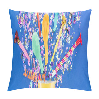 Personality  Panoramic Shot Of Party Hat With Festive Decor On Blue Background Pillow Covers