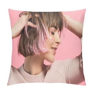 Personality  Woman With Party Makeup And Pink Hair Pillow Covers