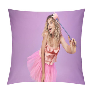 Personality  Amazed Woman In Pink Tooth Fairy Costume With Magic Wand In Hand Casting Spell And Looking At Camera Pillow Covers