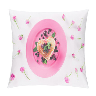 Personality  Top View Of Heart Shaped Pancake And Pink Roses Isolated On White, Valentines Day Concept Pillow Covers