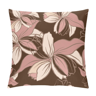 Personality   Decorative Flowers For Design. Ornament Frompink  Flowers And Leaves On A Brown Background. Floral Seamless Pattern. Vector Illustration. Pillow Covers