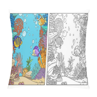 Personality  Underwater World With Corals, Fish, Algae And Anemones Coloring Page Coloring Page On White Background Pillow Covers