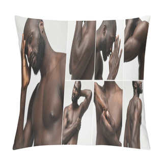 Personality  Collage With Images Of Handsome African Man, Fashion Model With Muscular Body Posing Shirtless Over White Studio Background. Naked Torso. Concept Of Mens Health, Beauty, Body And Skin Care, Fitness Pillow Covers