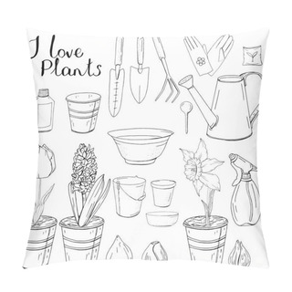 Personality  Black And White Monochrome Set With Different Gardening Tools. Object For Growing Plants At Home Isolated On White Background Pillow Covers
