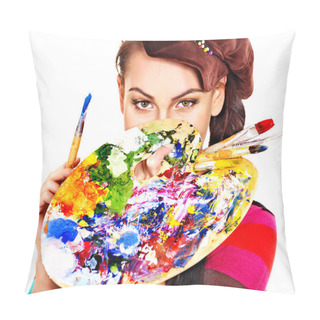Personality  Artist Woman With Paint Palette. Pillow Covers