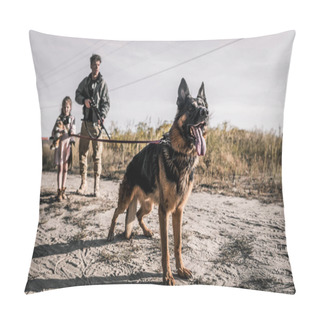 Personality  Selective Focus Of German Shepherd Dog Near Armed Man And Kid, Post Apocalyptic Concept Pillow Covers
