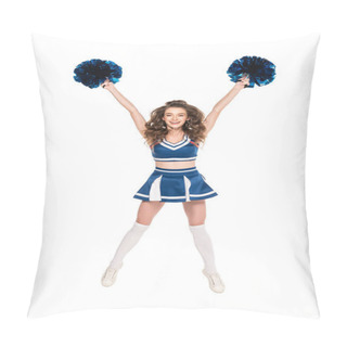 Personality  Happy Cheerleader Girl In Uniform Jumping With Blue Pompoms Isolated On White Pillow Covers