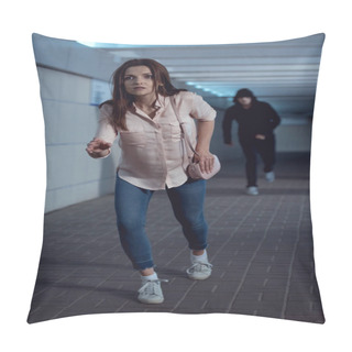 Personality  Frightened Woman Running Away From Thief In Underpass Pillow Covers