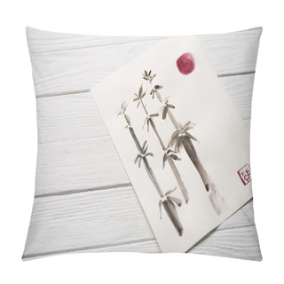 Personality  High Angle View Of Paper With Japanese Painting With Bamboo, Sun And Seal On Wooden Background Pillow Covers
