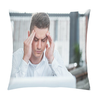 Personality  Young Businessman Having Headache After Working On Laptop All Day Long Pillow Covers