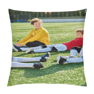 Personality  Two Young Kids Sitting On A Vibrant Green Field, Surrounded By Lush Grass, Looking Up At The Endless Sky, Feeling The Beauty Of The Natural World Around Them. Pillow Covers